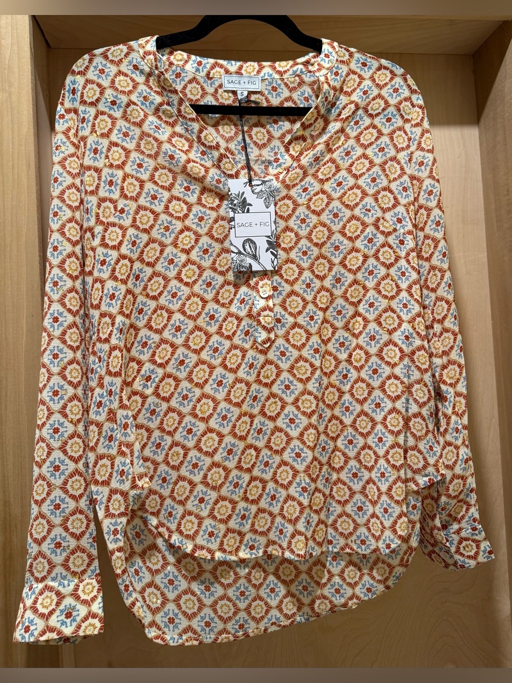Sage + Fig Women's Cream and Rust Patterned Long-Sleeve Blouse Size Small NEW